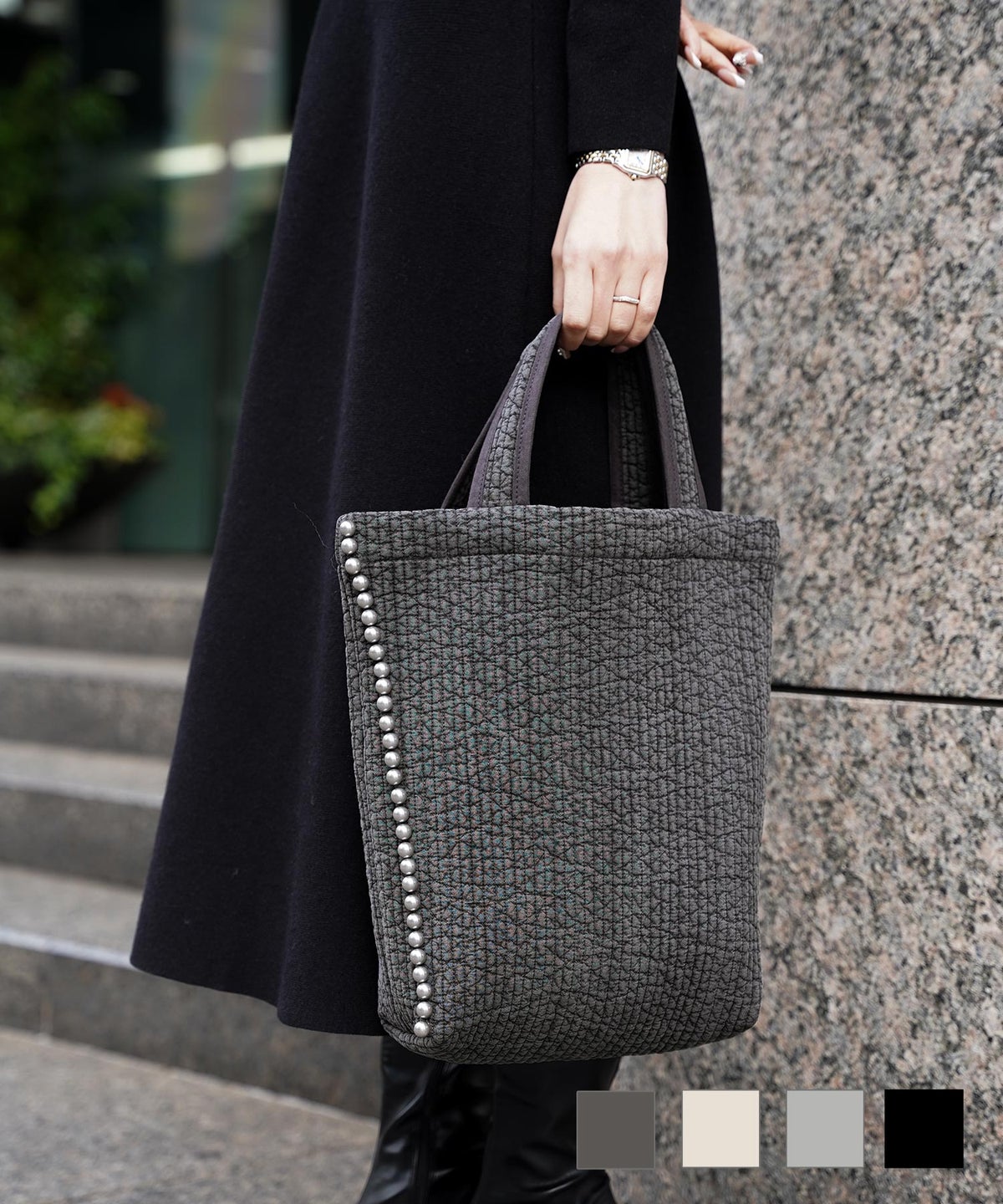 マザーバッグ トート パール 韓国 生地 かわいい ジョイントスペース 縦長 パール トリム ヌビ バッグ HUIT