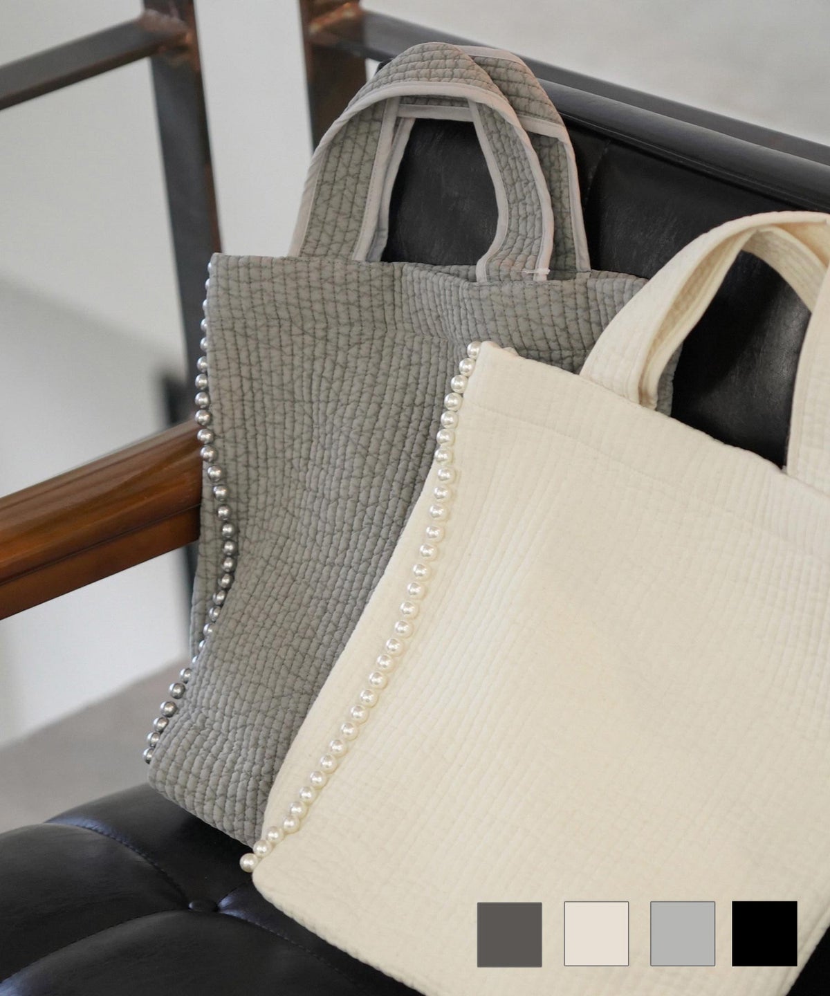 マザーバッグ トート パール 韓国 生地 かわいい ジョイントスペース 縦長 パール トリム ヌビ バッグ HUIT