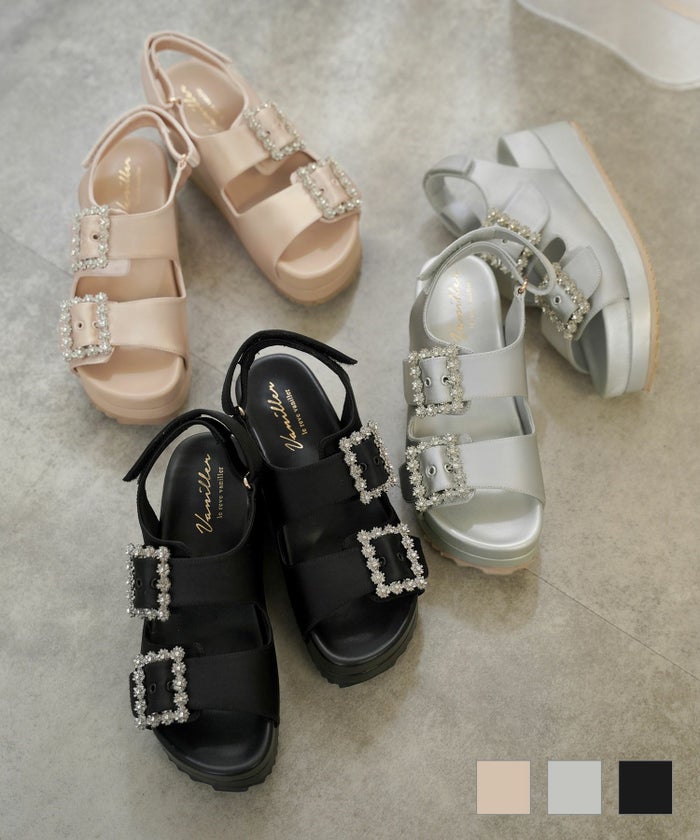 小物 靴 サンダル スポーツサンダル ビジュー サテン サテン 厚底 フラワービジュー スポーツサンダル le reve vaniller