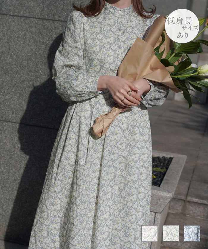 ワンピース スタンドカラー シャツ ピンク イエロー ブルー S M スタンドカラー シャツ ワンピース Made with Liberty Fabric HUIT