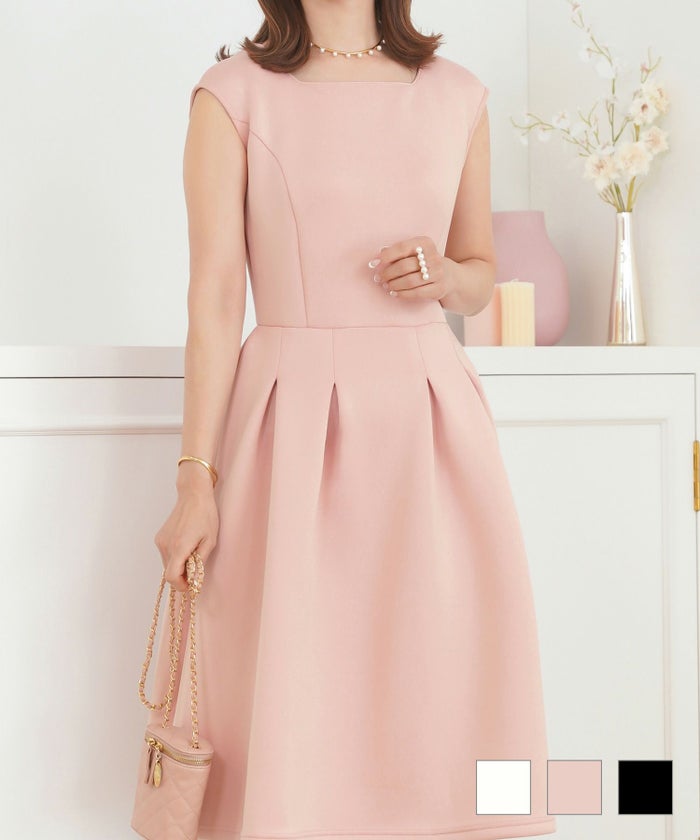 ワンピース レディース ファッション おとな 大人 きれいめ エレガント 秋 春 かわいい 白 フォーマル スクエアネックタックフレア ワンピース Prima Scherrer