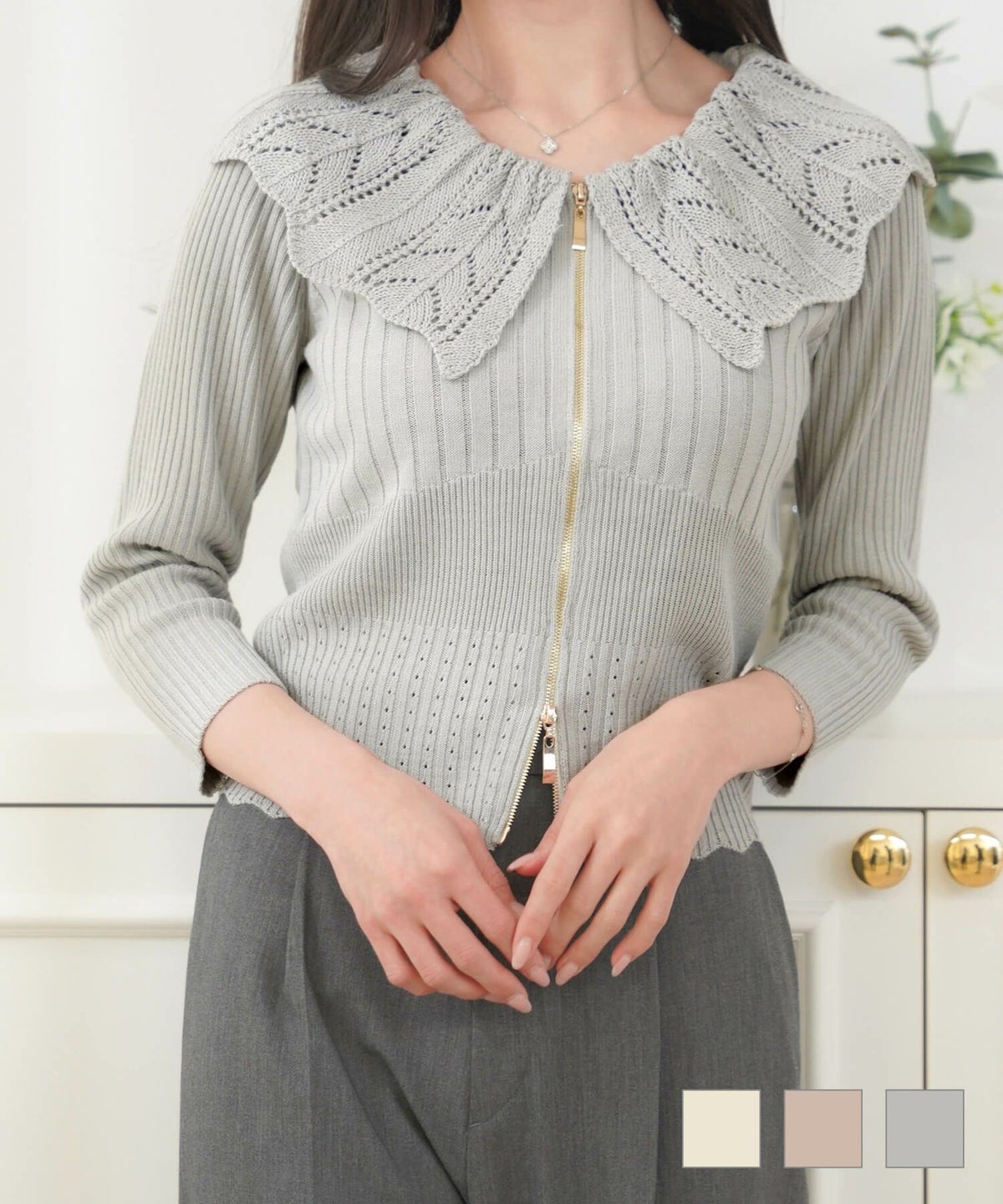 トップス ニット スクエアネック 刺繍 長袖 シンプル スカラップ襟 Wジップ ニット トップス le reve vaniller