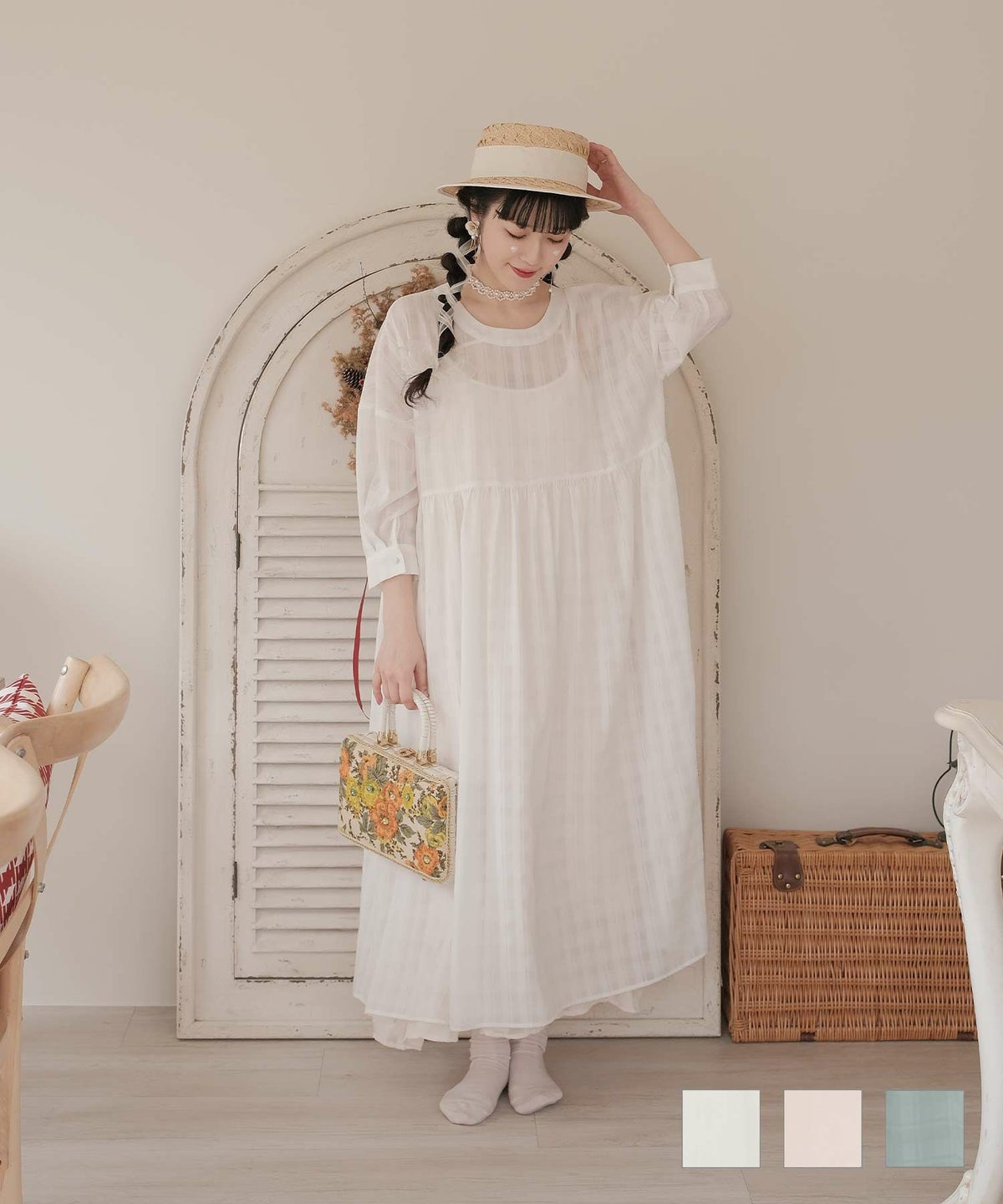 レディース ファッション ワンピース シアー チェック ロング丈 ボリューム ホワイト ベビーピンク ブルーグリーン M 通販 シアー チェック フレア ワンピース miolite