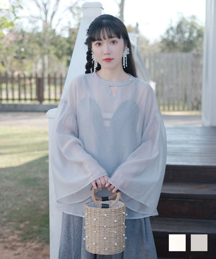 トップス シアー ブラウス フレアスリーブ オーバーサイズ 長袖 オフホワイト グレー M 通販 フレアスリーブ シアー ブラウス miolite