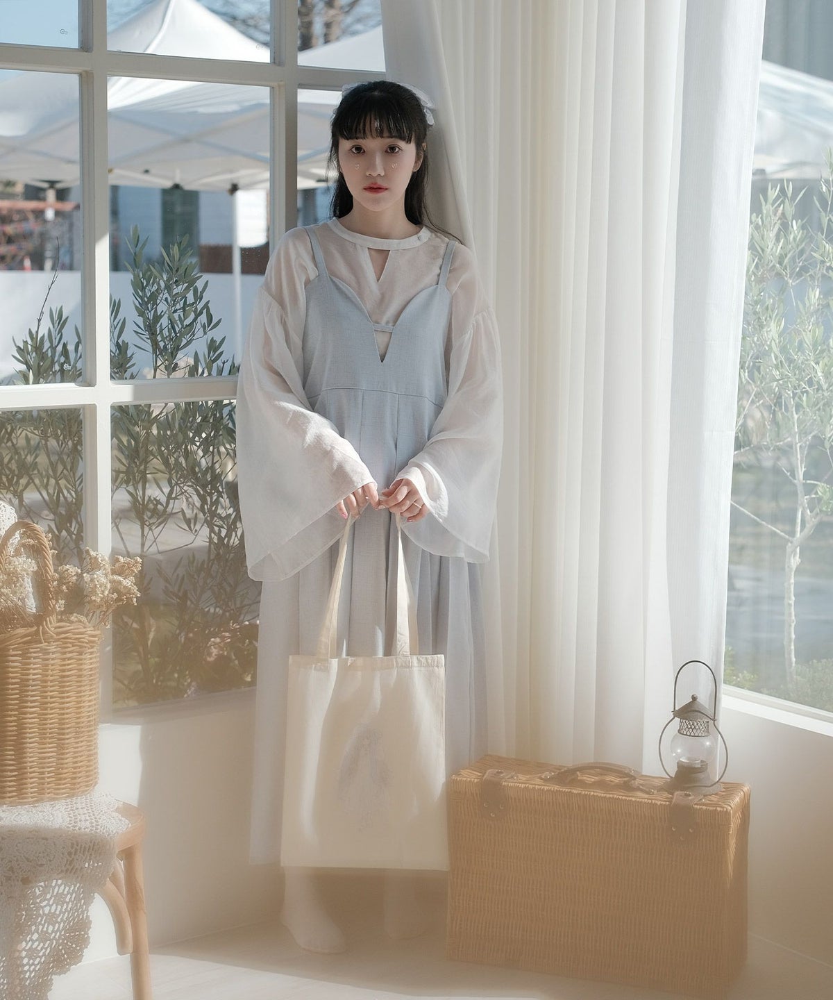 トップス/シアー/ブラウス/フレアスリーブ/オーバーサイズ/長袖/オフホワイト/グレー/M