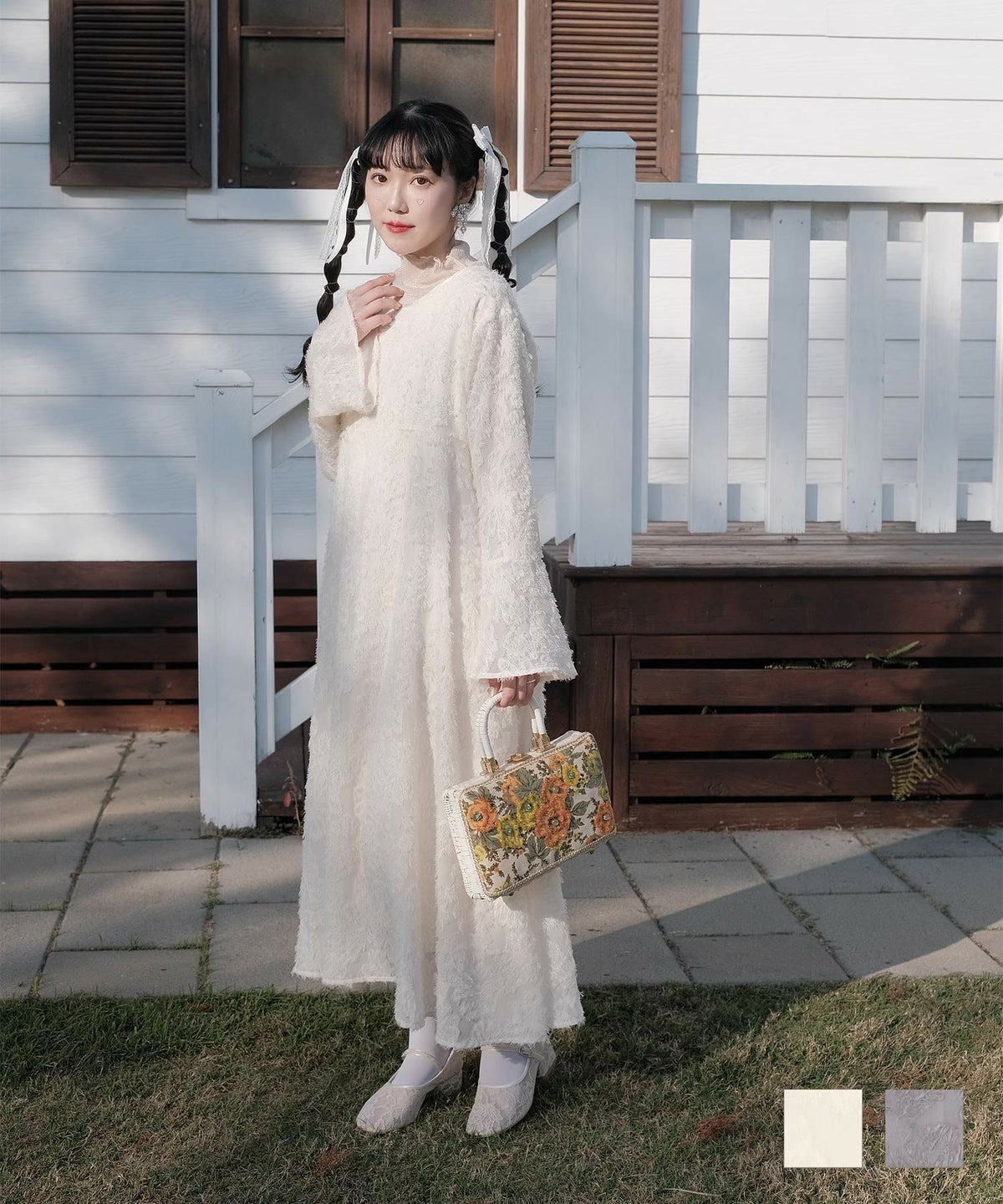 ワンピース フリンジ カットジャカード ロング丈 フレアスリーブ ベージュ グレー M 通販 フレアスリーブ ジャガード ロング ワンピース miolite