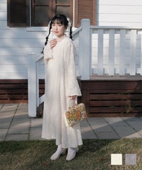 ワンピース フリンジ カットジャカード ロング丈 フレアスリーブ ベージュ グレー M 通販 フレアスリーブ ジャガード ロング ワンピース miolite