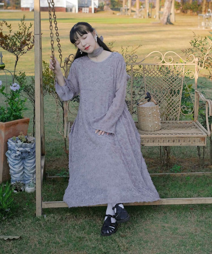 ワンピース/フリンジ/カットジャカード/ロング丈/フレアスリーブ/ベージュ/グレー/M