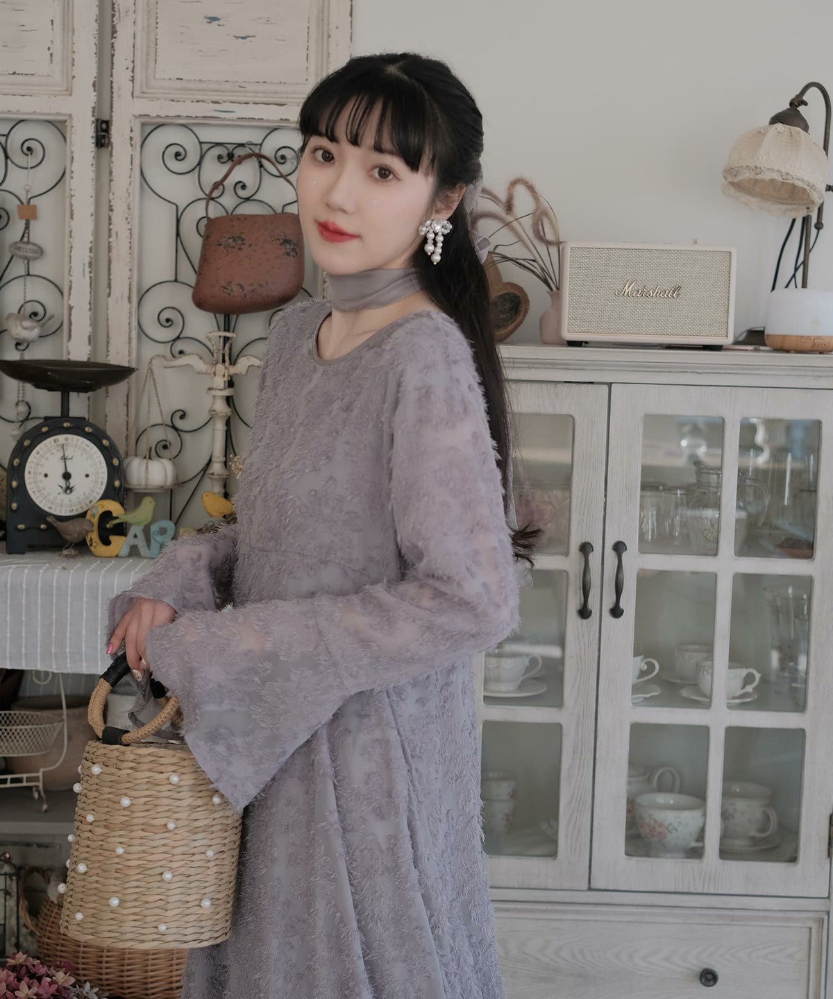 ワンピース/フリンジ/カットジャカード/ロング丈/フレアスリーブ/ベージュ/グレー/M