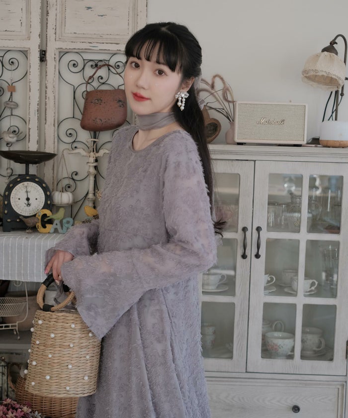 ワンピース/フリンジ/カットジャカード/ロング丈/フレアスリーブ/ベージュ/グレー/M