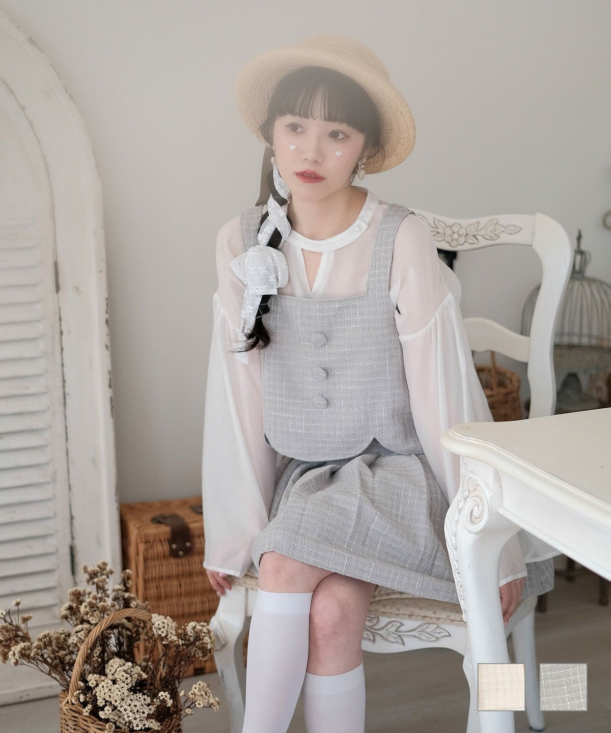 スカラップヘム ツイード ビスチェ くるみボタン ベージュ ブルーグレー M 通販 スカラップヘム ツイード ビスチェ miolite