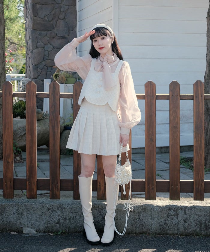 スカラップヘム/ツイード/ビスチェ/くるみボタン/ベージュ/ブルーグレー/M