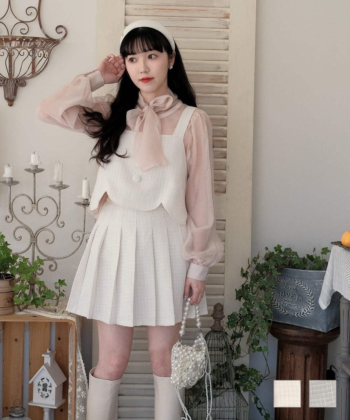 ツイード プリーツ ミニ スカート ベージュ ブルーグレー M 通販 ツイード プリーツ ミニ スカート miolite