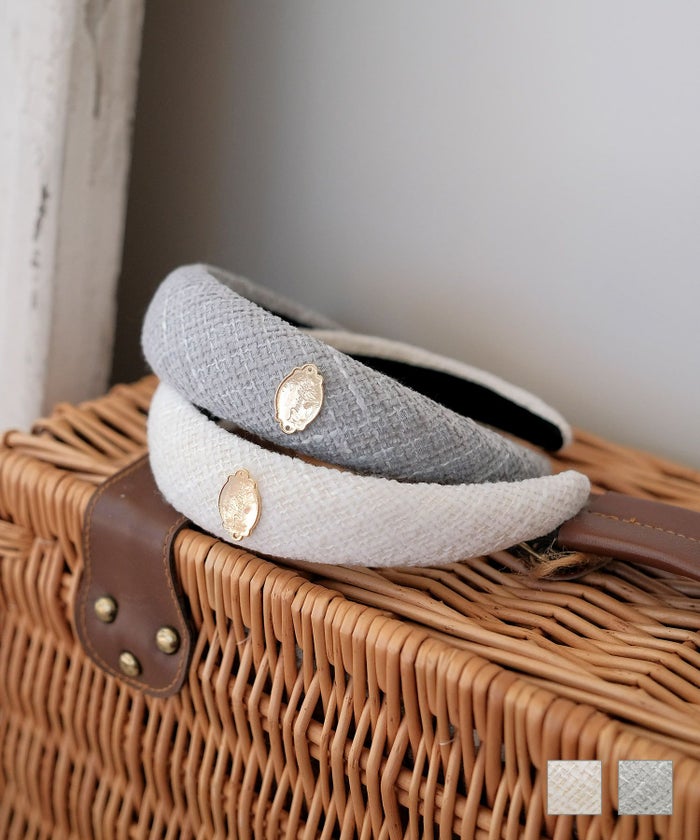 カチューシャ ツイード チャーム ベージュ ブルーグレー フリー 通販 オリジナル チャーム付き ツイード カチューシャ miolite