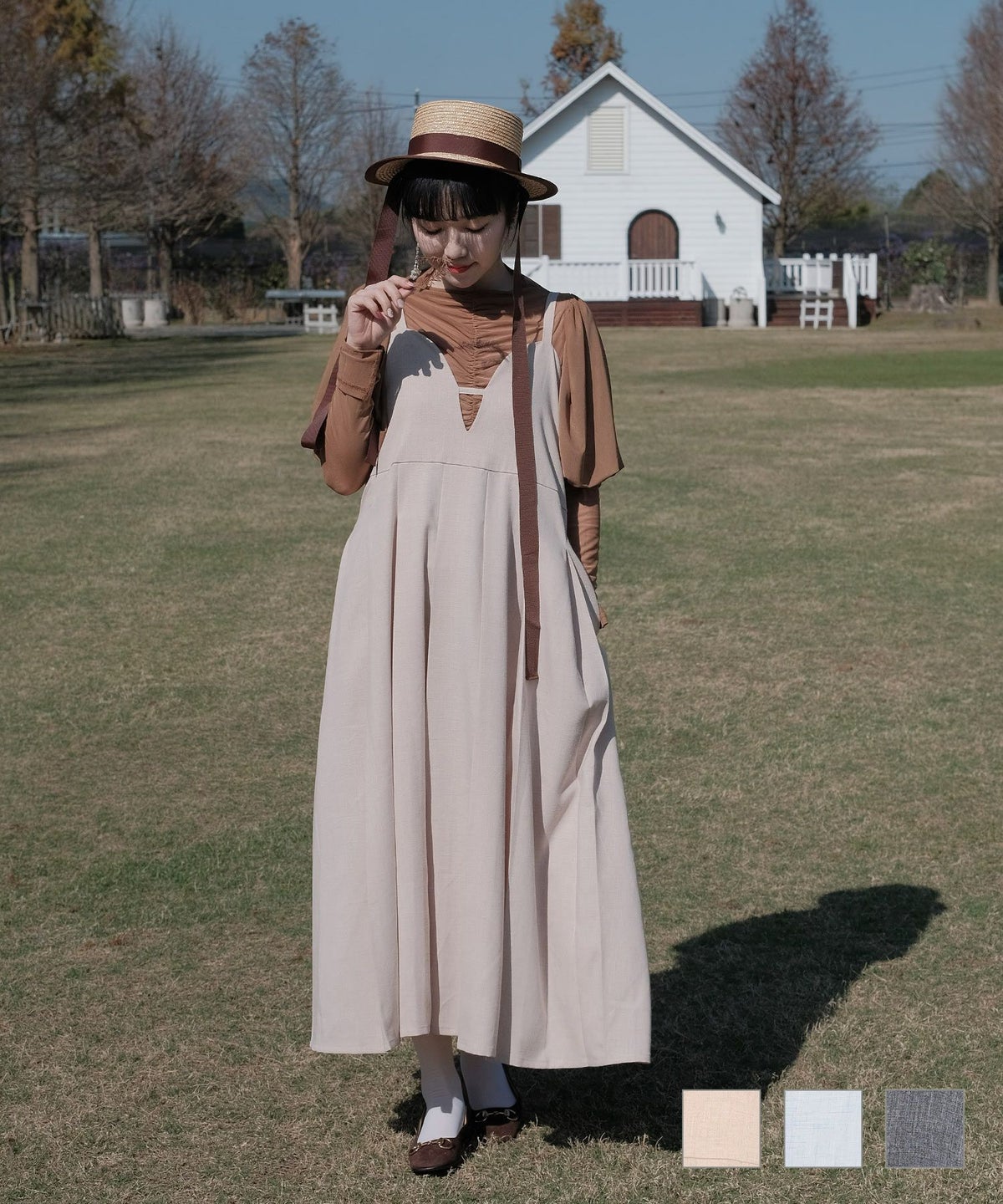 レディース ファッション キャミワンピース キーネック プリーツ ロング丈 ベージュ サックス ネイビー M 通販 キーネック キャミ ワンピース miolite