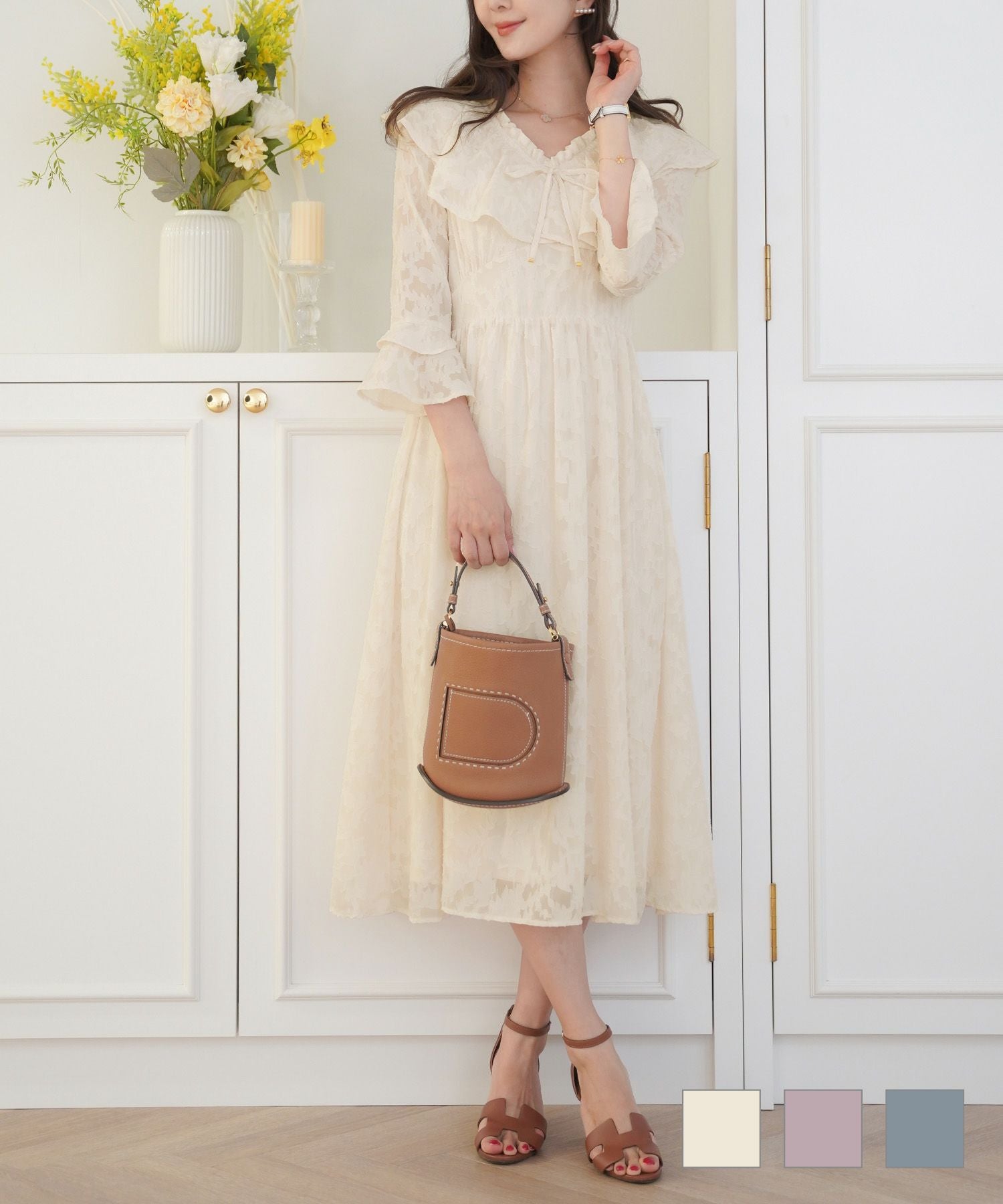 フリル シアージャカード フレアスリーブ ワンピース le reve vaniller