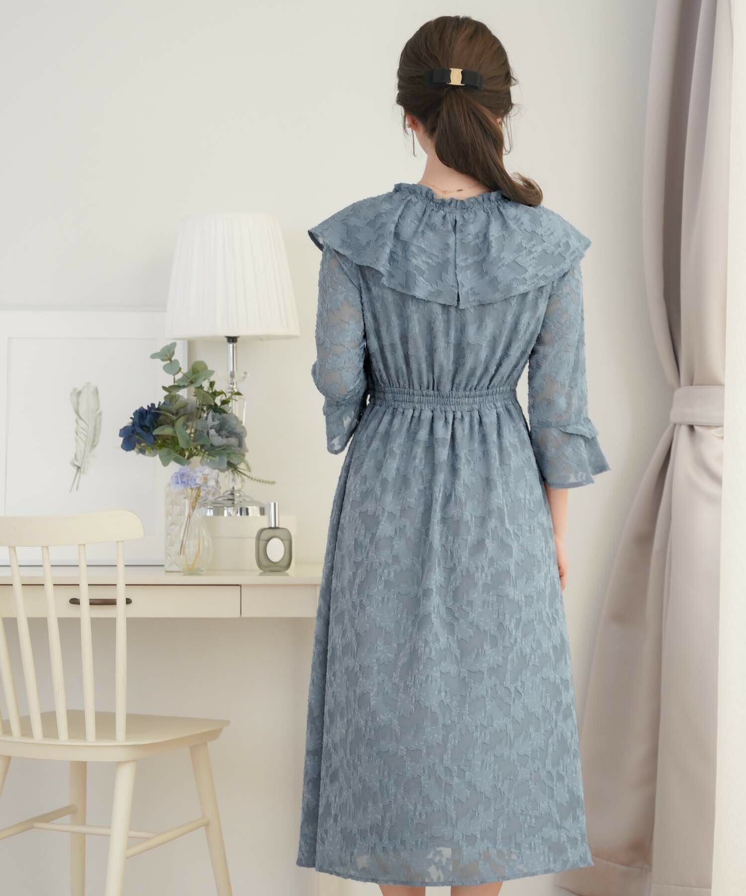 OUTLET-SALE フリル シアージャカード フレアスリーブ ワンピース le
