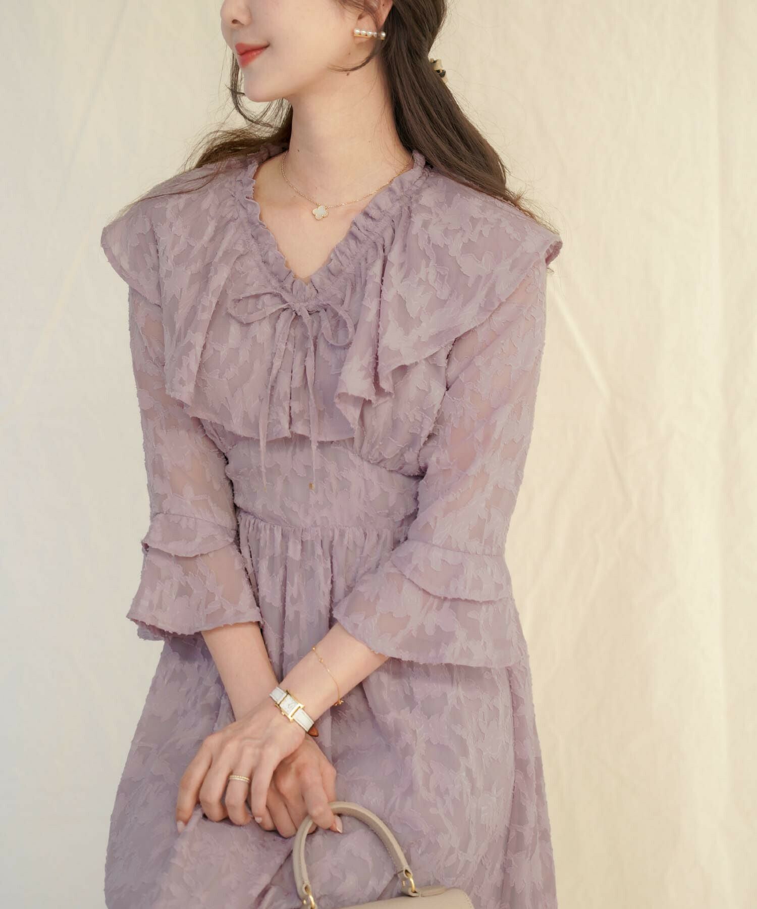 OUTLET-SALE フリル シアージャカード フレアスリーブ ワンピース le