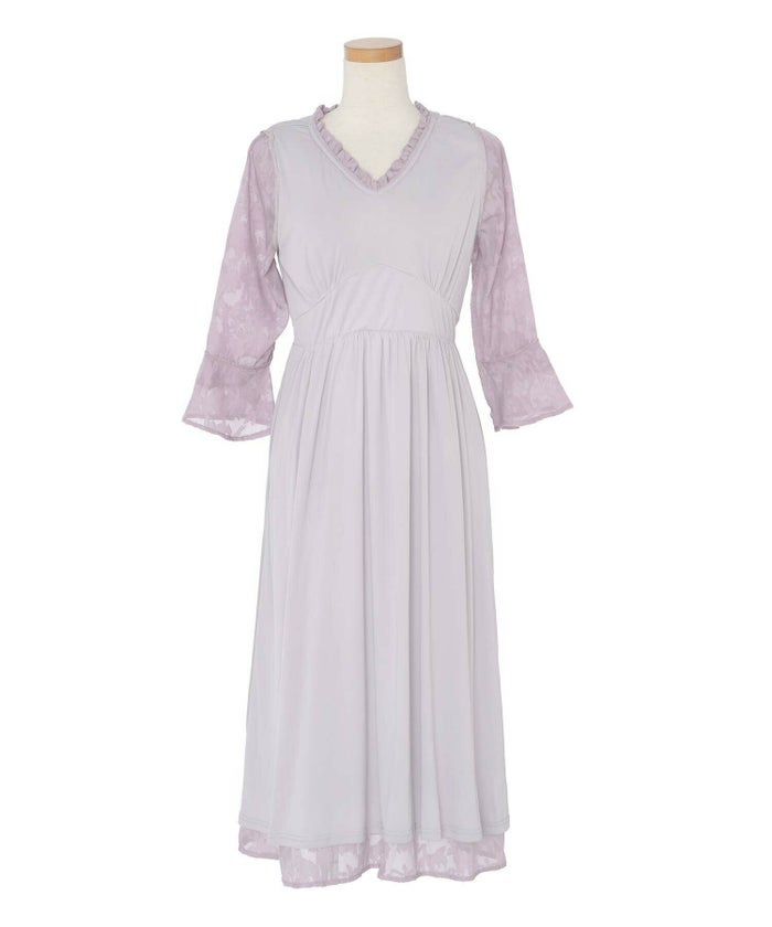 レディース/ワンピース/花柄/シアー/フリル/ジャカード/透け/フレアスリーブ/7分袖/フェミニン/エレガント/カジュアル/上品/可愛い/10代/20代/30代/春/夏/長袖/アイボリー/ラベンダー/ブルー