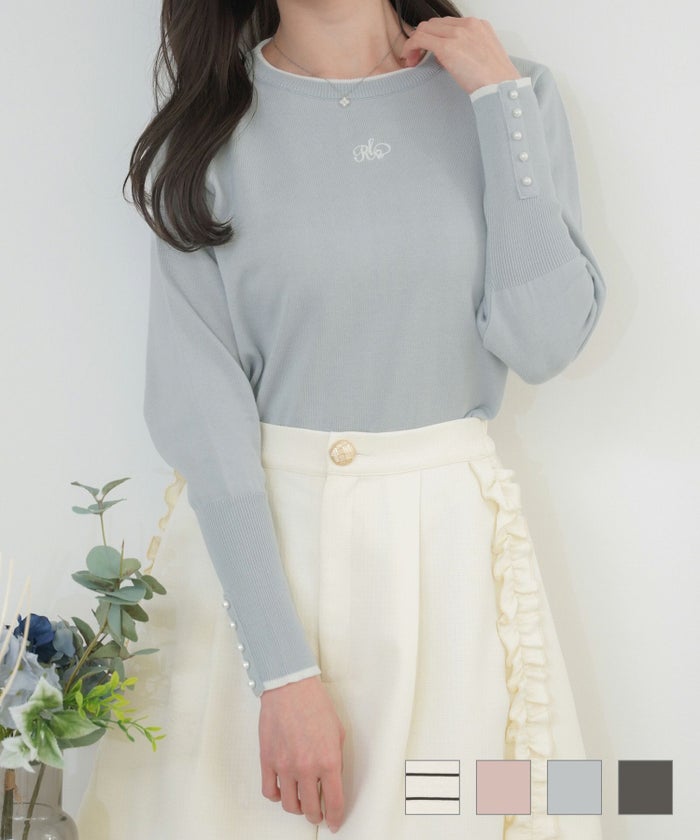 トップス ニット スクエアネック 刺繍 長袖 シンプル vanillerオリジナルロゴ 刺繍 ライン配色 ニット トップス le reve vaniller