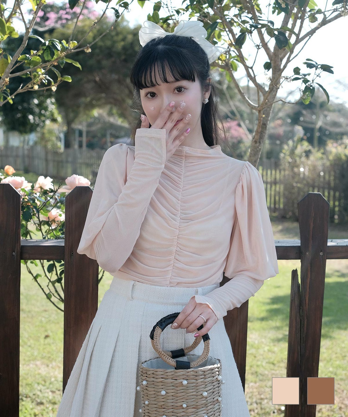 レディース ファッション パフスリーブ ギャザー シアー トップス 長袖 ベージュ モカ M 通販 パフスリーブ ギャザー シアー トップス miolite