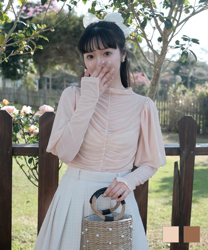 レディース ファッション パフスリーブ ギャザー シアー トップス 長袖 ベージュ モカ M 通販 パフスリーブ ギャザー シアー トップス miolite