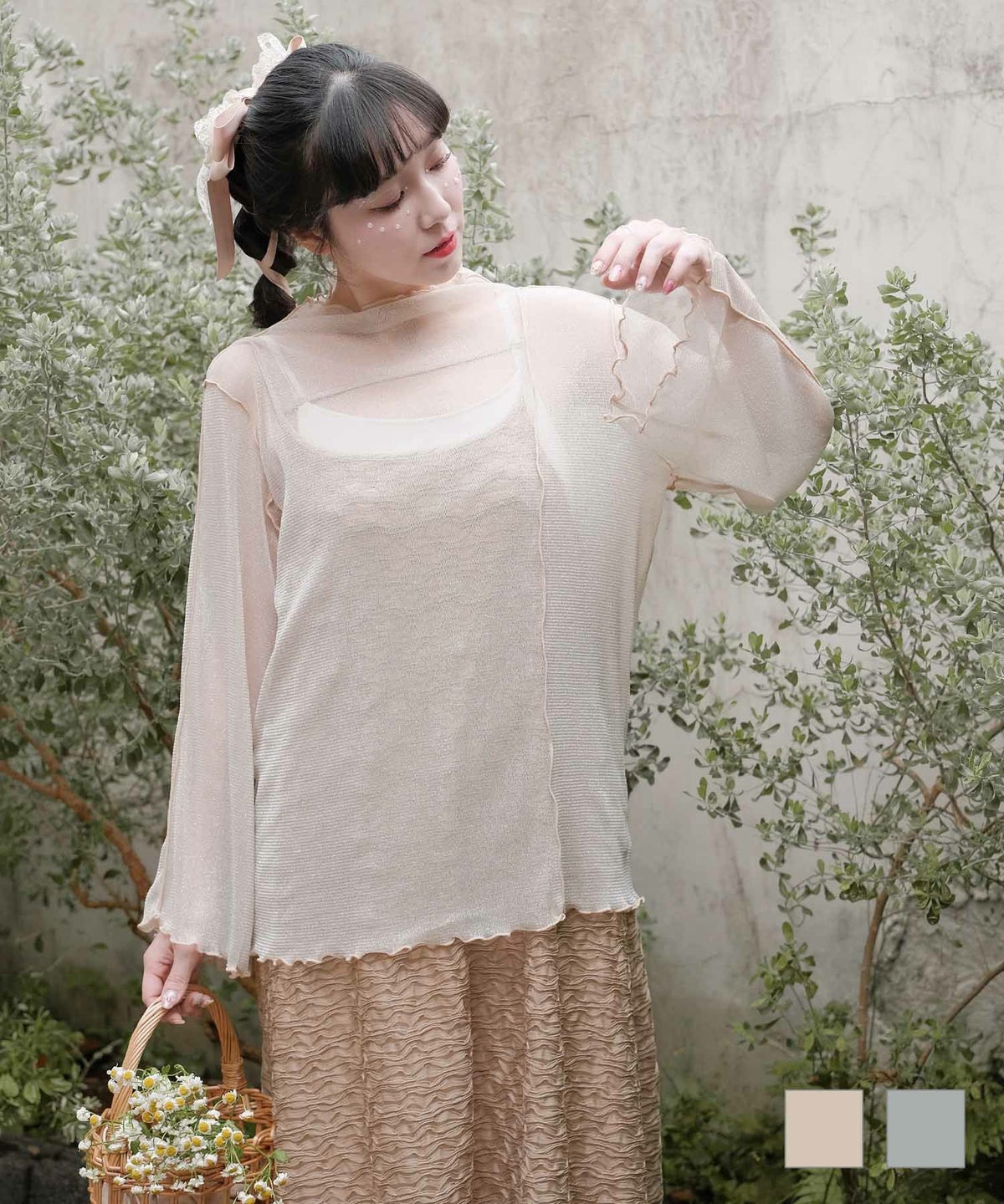 トップス 配色メロー フレアスリーブ トップス ベージュ グレー M 配色メロー フレア スリーブ トップス miolite