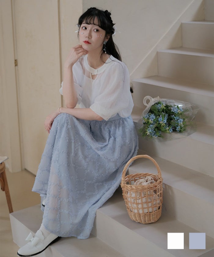 スカート ギャザー フレア スカート ホワイト ブルー M フリル ギャザー フレア スカート miolite