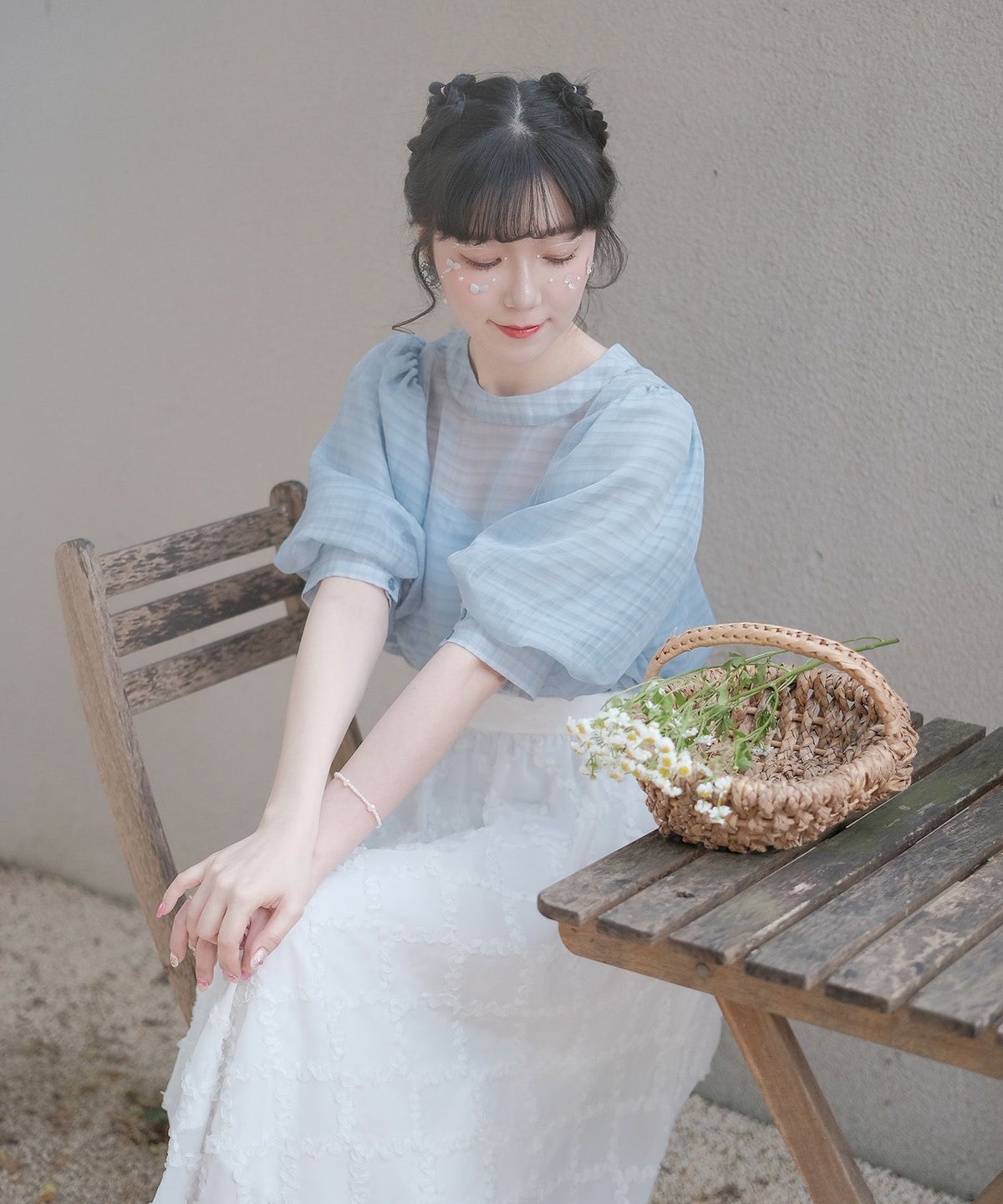 スカート/ギャザー/フレア/スカート/ホワイト/ブルー/M