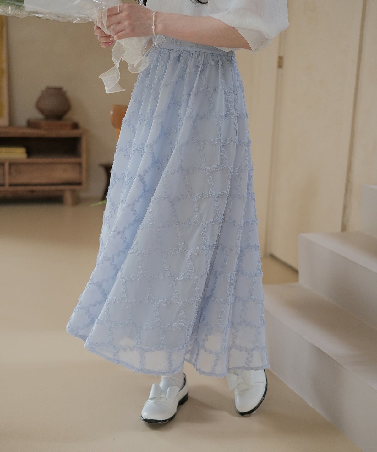 スカート/ギャザー/フレア/スカート/ホワイト/ブルー/M