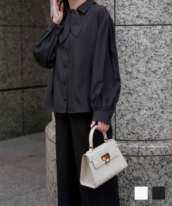 ブラウス スカーフタイ ブラウス ホワイト ブラック M スカーフタイ ブラウス HUIT