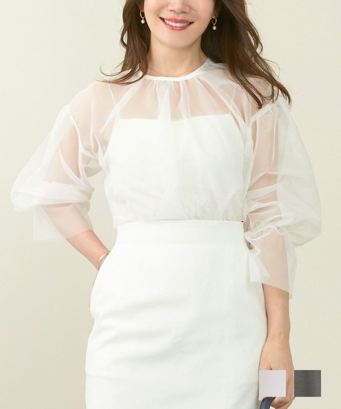 ブラウス レディース おしゃれ オフィス 白 黒 シースルー 重ね着 春 夏 秋 カジュアル きれいめ トップス ジョイントスペース チュール シースルー ブラウス 長袖 Liala×PG