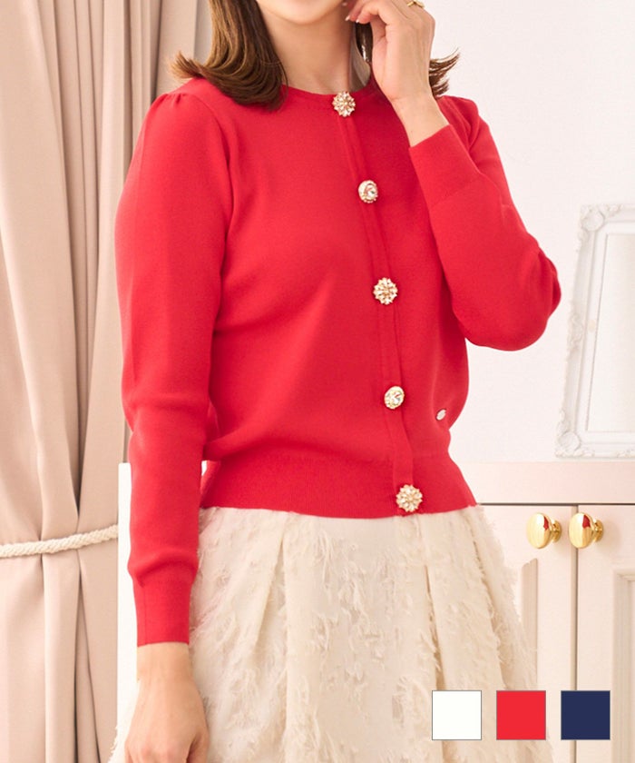 カーディガン ニット レディース おしゃれ オフィス かわいい 春夏秋 手洗い ウォッシャブル 上着 薄手 可愛い ジョイントスペース アソートビジュー ニット カーディガン 長袖 Prima Scherrer