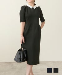 ワンピース レディース おしゃれ きれいめ オフィス 半袖 上品 黒 衿付き かわいい ファッション 裏地付き ジョイントスペース 襟 取り外し式 ワンピース Liala×PG