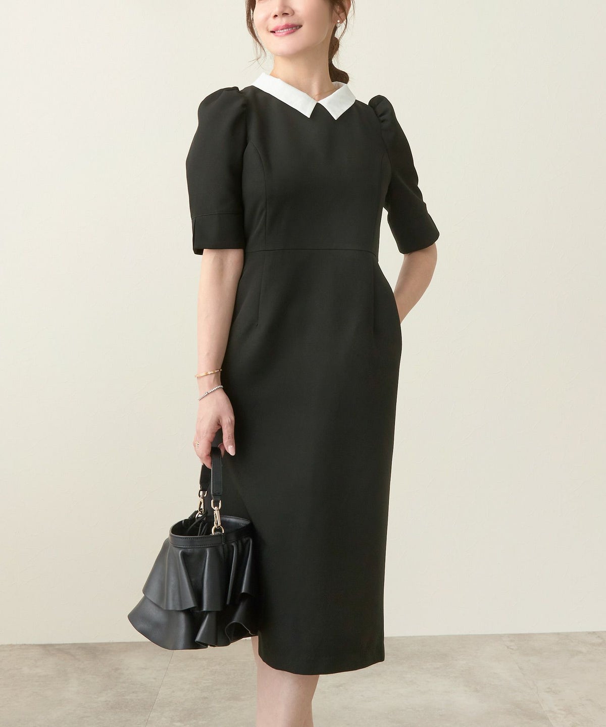 ワンピース レディース おしゃれ きれいめ オフィス 半袖 上品 黒 衿付き かわいい ファッション 裏地付き ジョイントスペース