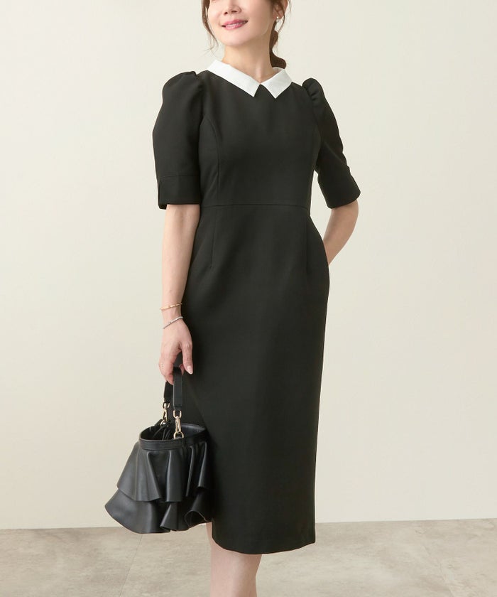 ワンピース レディース おしゃれ きれいめ オフィス 半袖 上品 黒 衿付き かわいい ファッション 裏地付き ジョイントスペース