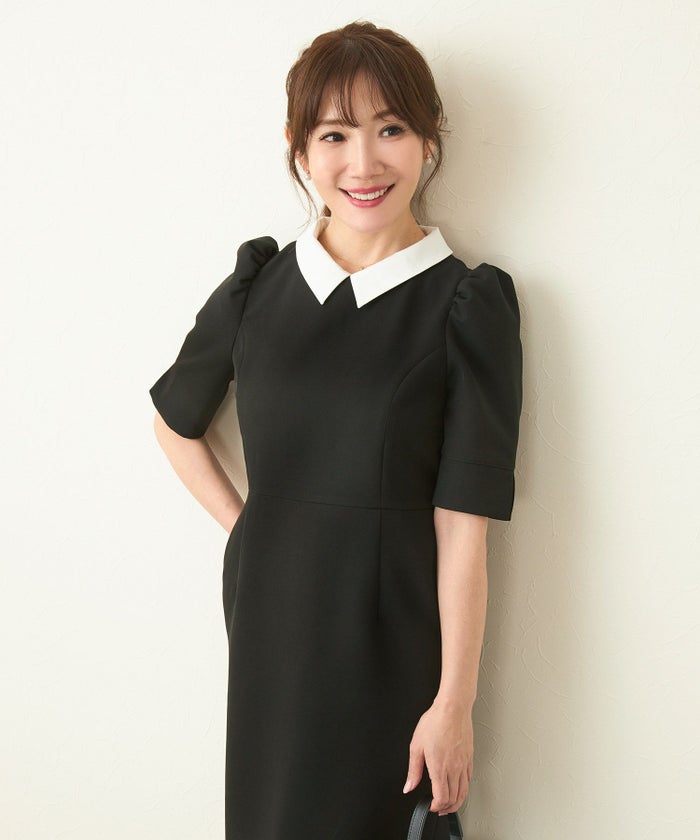 ワンピース レディース おしゃれ きれいめ オフィス 半袖 上品 黒 衿付き かわいい ファッション 裏地付き ジョイントスペース