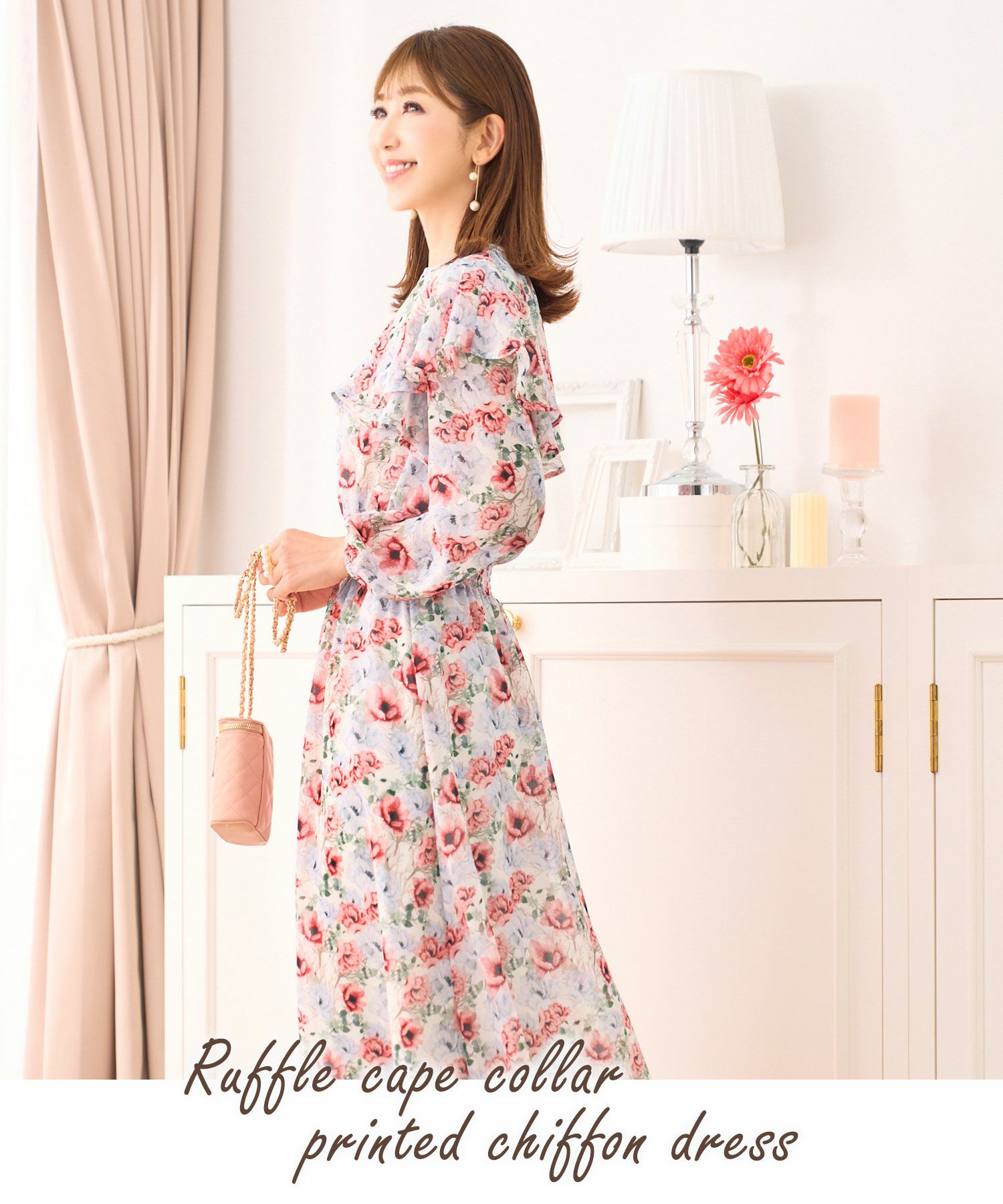 OUTLET-SALE ラッフルケープカラー プリント シフォン ワンピース