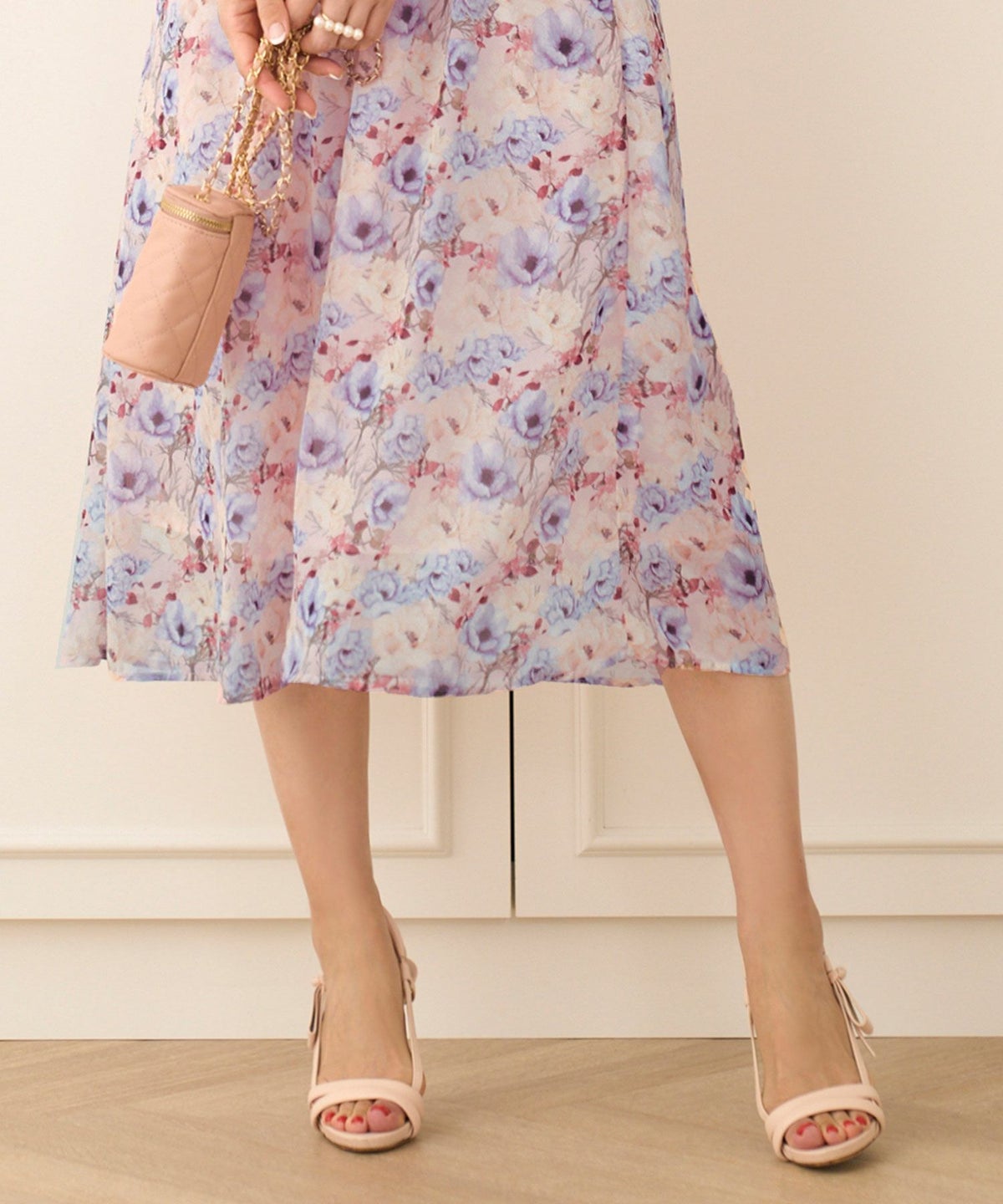 ワンピースレディースシフォン柄大人かわいいきれいめ水玉ピンクふんわりフェミニンロング春秋ジョイントスペース