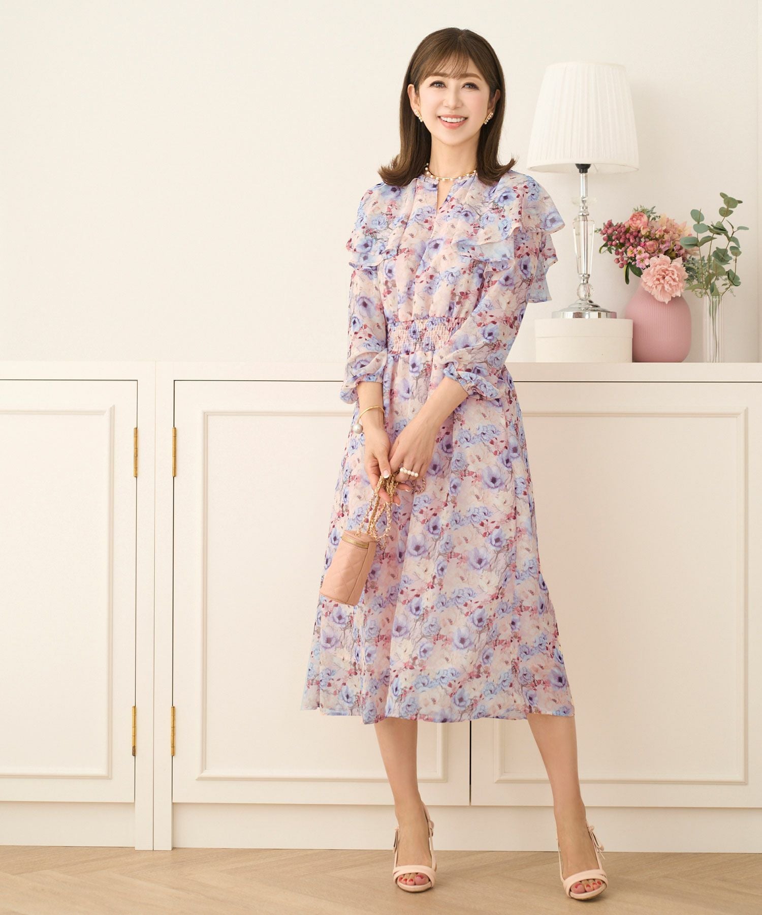 ラッフルケープカラー プリント シフォン ワンピース Prima Scherrer