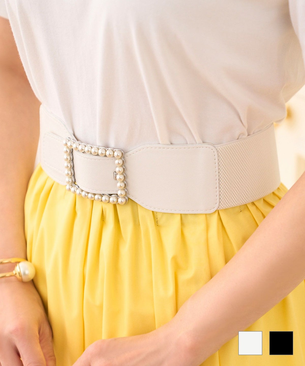 セレクト ベルト レディース おしゃれ パール オフィス プレゼント おすすめ かわいい 穴 位置調整 キラキラ 白黒 ジョイントスペース スクエアパールバックル レザー ゴム ベルト Prima Scherrer