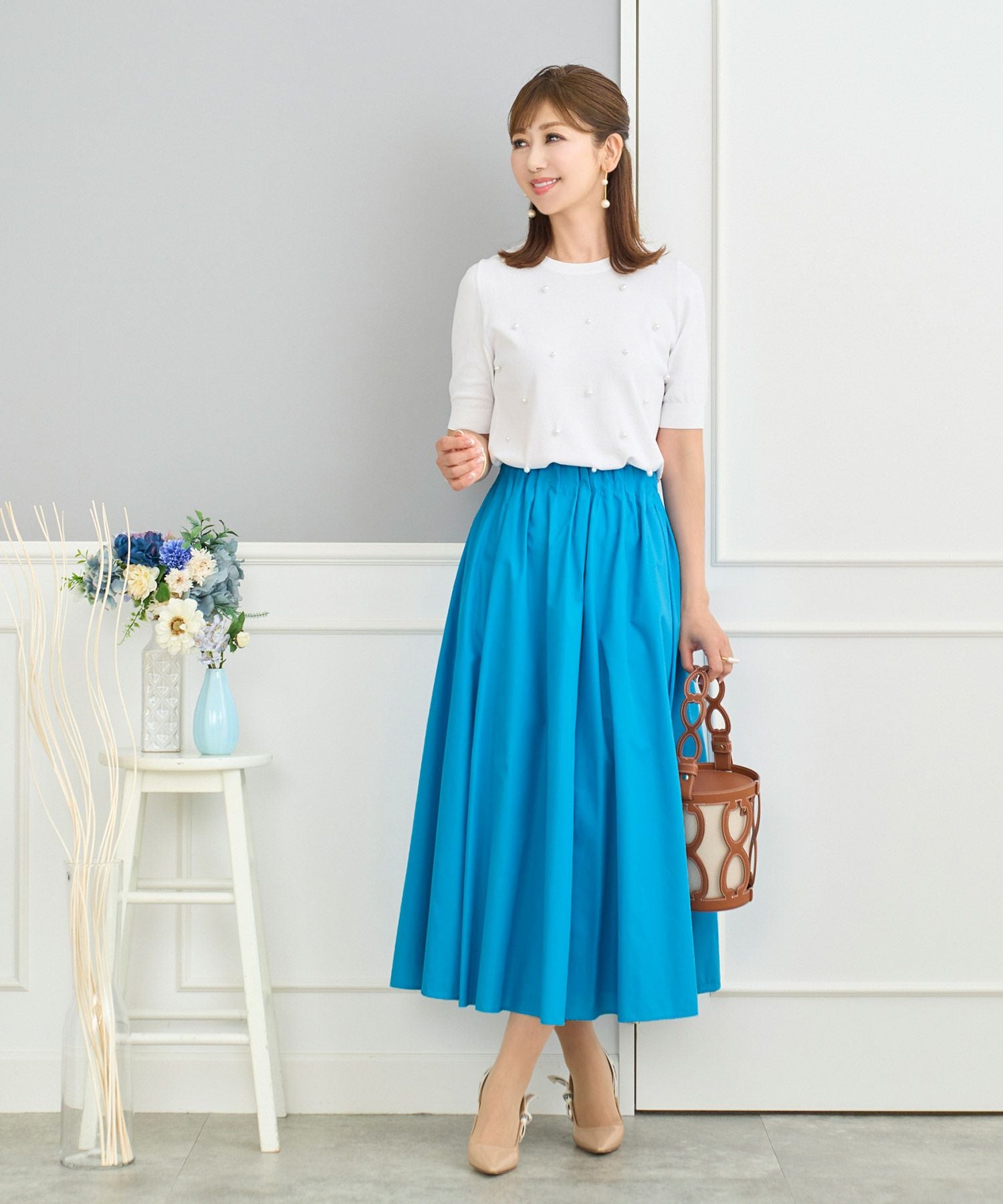 フレア ウエストタック&ゴム仕様 カラー スカート Prima Scherrer 全3