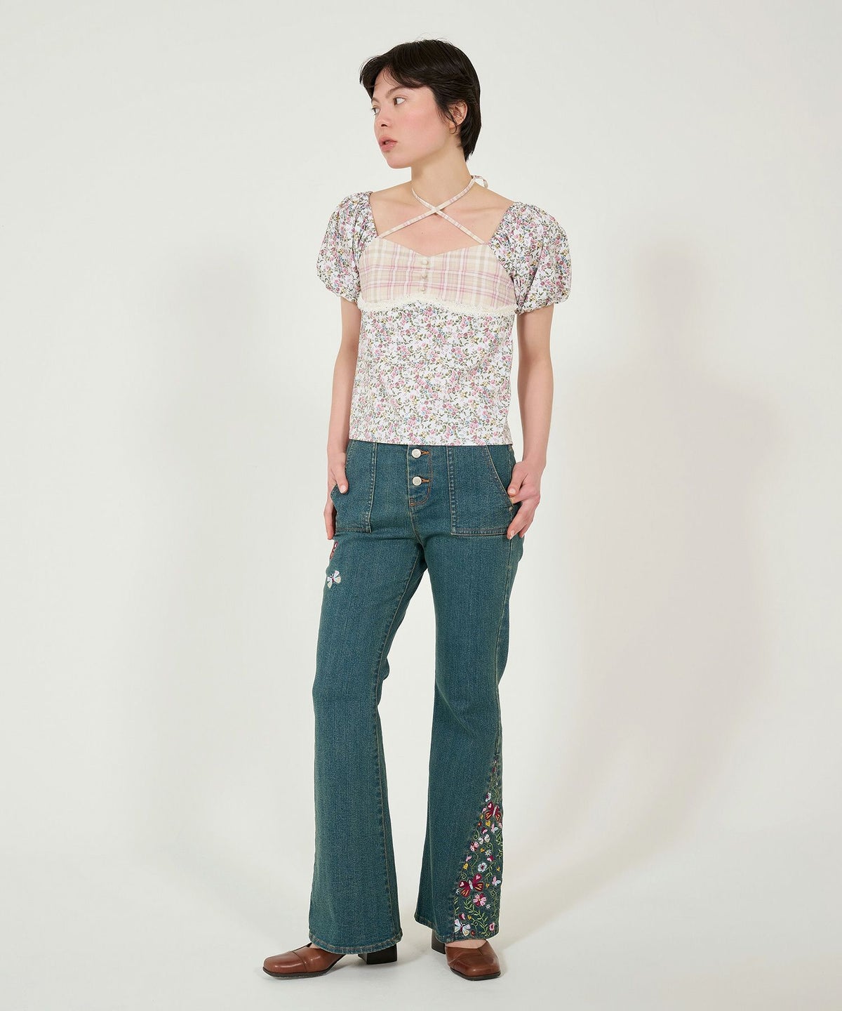 ブラウス/パフスリーブ/花柄/チェック柄