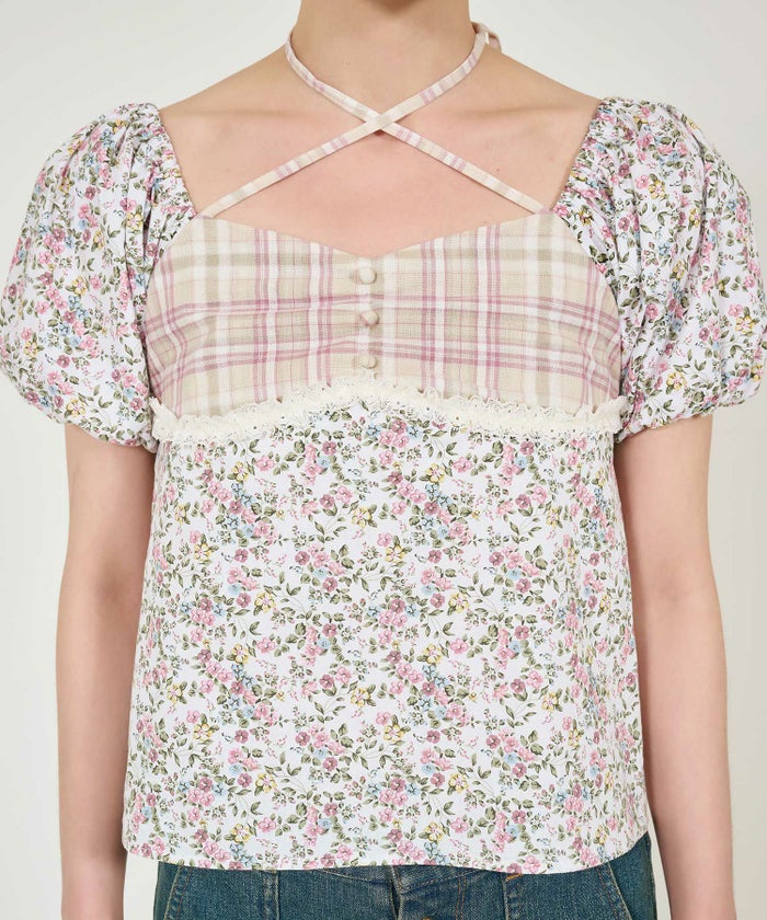 ブラウス/パフスリーブ/花柄/チェック柄