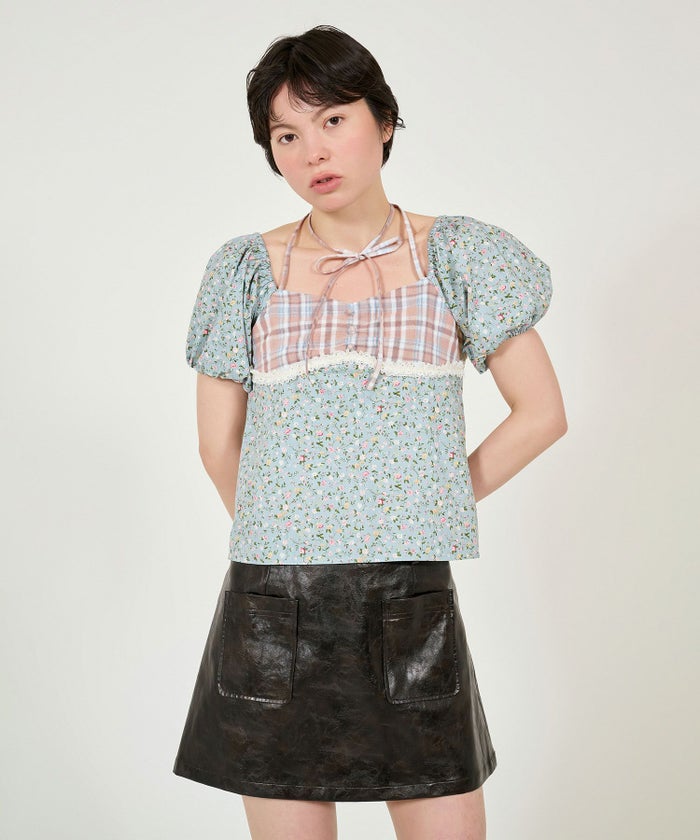 ブラウス/パフスリーブ/花柄/チェック柄