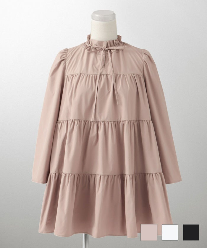 ブラウス レディース おしゃれ かわいい きれいめ 上品 ゆったり 七分袖 白 黒 ジョイントスペース フリル ネック ティアード ブラウス HUIT