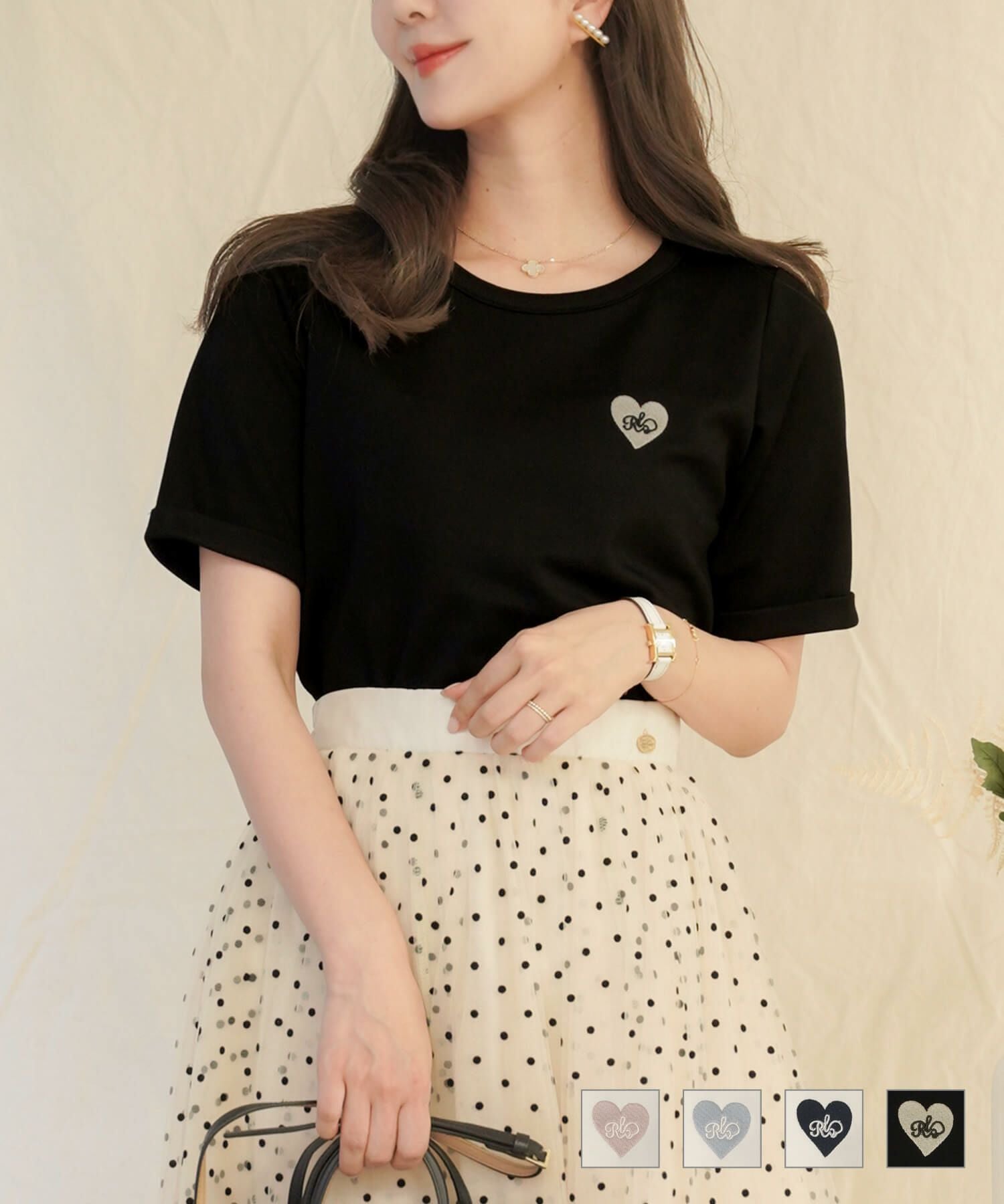 ハート 刺繍 クルーネック Tシャツ le reve vaniller 全4色 ｜lvn521