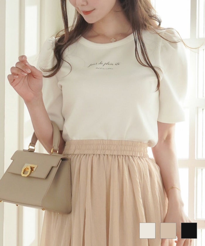 トップス Tシャツ カットソー スカラップ 半袖 タック メッセージロゴ プリント パフスリーブ Tシャツ le reve vaniller