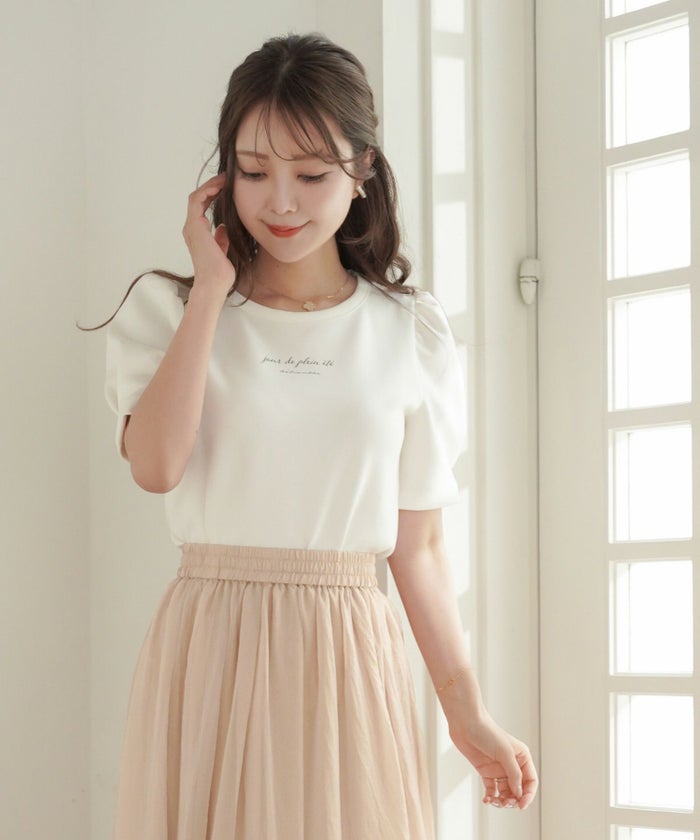 レディース/トップス/Tシャツ/カットソー/半袖/タック/クルーネック/パフスリーブ/5分袖/夏/春/秋/大人/エレガント/フェミニン/可愛い/ホワイト/ピンクベージュ/ブラック