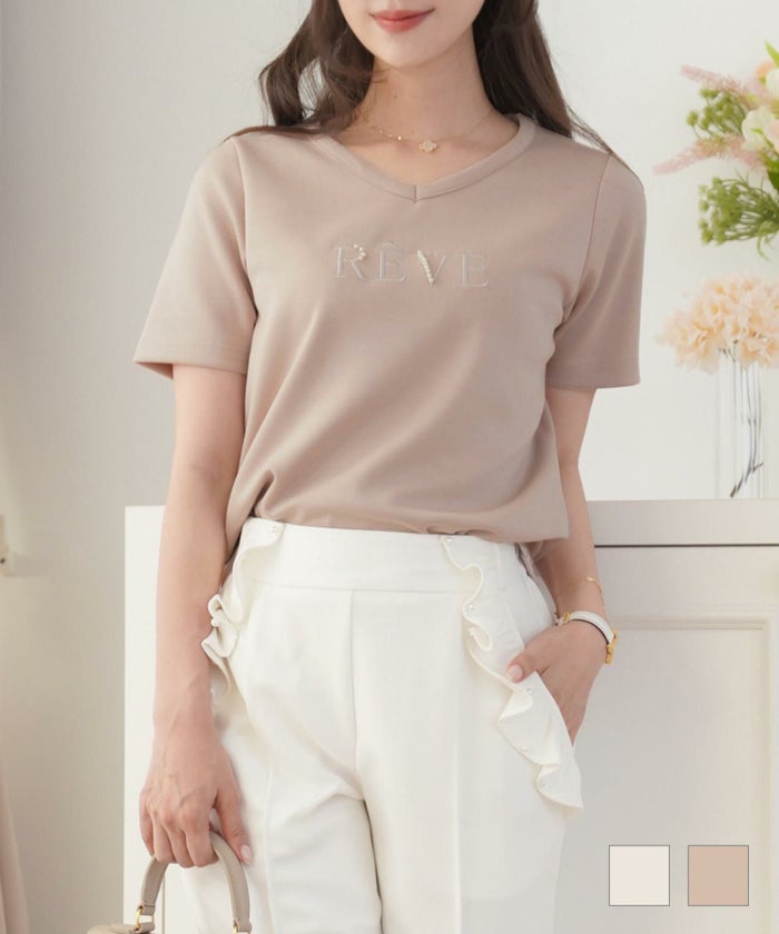 トップス Tシャツ カットソー 半袖 Vネック 刺繍 パール 刺繍 ＆ パール Vネック Tシャツ le reve vaniller